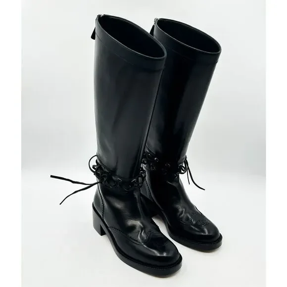 Chanel Knee High Boots Cap Toe Black Leather Lace Up Cutout - Picture 16 of 16